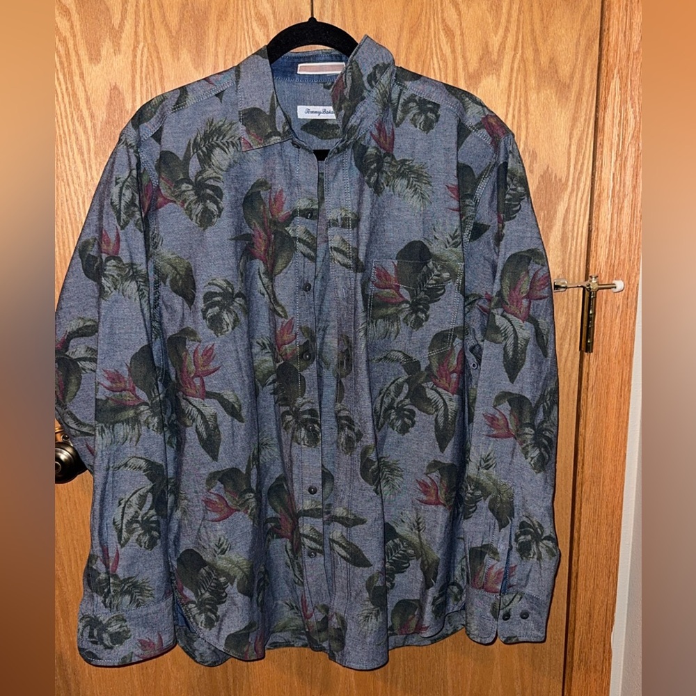 Tommy Bahama Men's Floral Tropical Print Button-Up Shirt Blue L/G